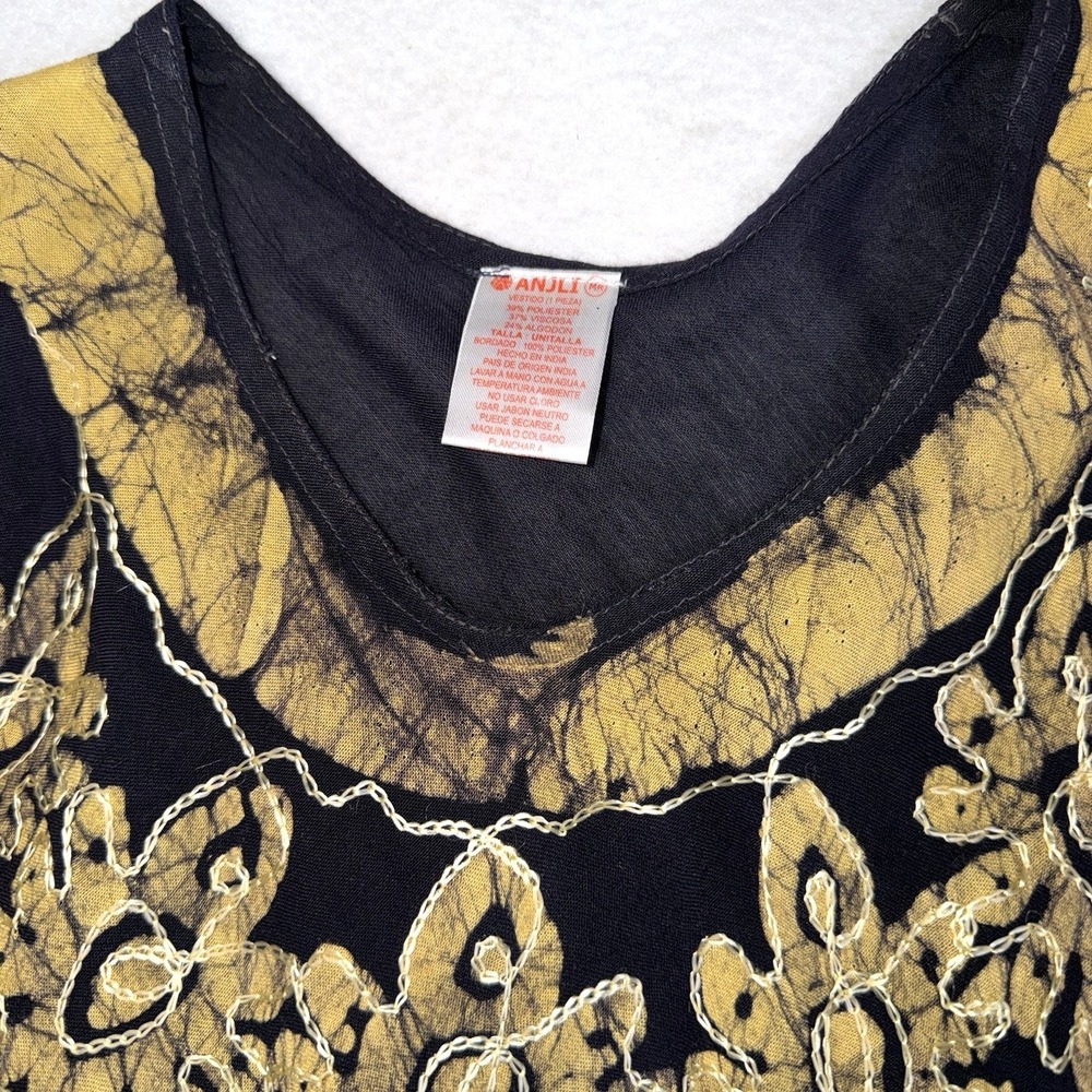 ANJLI Black Gold Batik Paisley Tunic Dress Womens Medium Boho Sleeveless Flowy - Picture 9 of 11